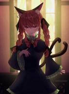 1girl absurdres animal_ear_fluff animal_ears bell bow bowtie cat_ears cat_tail cowboy_shot dress dust fang frills green_dress highres jingle_bell kaenbyou_rin kiritanpo117 multiple_tails red_bow red_eyes red_hair signature solo stained_glass sunlight tail touhou two_tails wide_sleeves window // 2992x4032 // 4.0MB