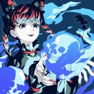 1girl animal_ear_fluff animal_ears blue_background blue_fire braid cat cat_girl fingernails fire highres kaenbyou_rin kamabokopic long_sleeves open_mouth puffy_long_sleeves puffy_sleeves red_eyes red_hair red_nails sharp_fingernails skull smile solo teeth touhou twin_braids upper_body upper_teeth_only // 1200x1200 // 224KB