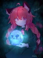 1girl ahoge animal_ears bow bowtie braid cat_ears dark_background dress green_dress highres hitodama holding holding_skull kaenbyou_rin long_hair red_eyes red_hair red_nails skull touhou twin_braids uwumeow514 // 1108x1477 // 193KB