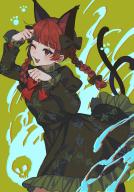 1girl animal_ears bell black_bow black_dress blush bow cat_ears cat_tail dress extra_ears fang frilled_dress frilled_sleeves frills hair_bow highres jingle_bell juliet_sleeves kaenbyou_rin long_hair long_sleeves multiple_tails noriuma one_eye_closed open_mouth paw_print puffy_sleeves red_eyes red_hair revision signature smile solo tail touhou two_tails // 1431x2048 // 314KB