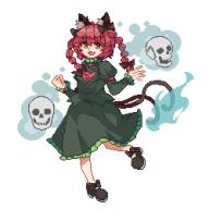 1girl :3 :d animal_ear_fluff animal_ears black_bow black_footwear bow braid cat_ears cat_tail fang footwear_bow full_body green_shirt green_skirt hair_bow hitodama hui_mi_(hennji_echo) juliet_sleeves kaenbyou_rin long_sleeves looking_at_viewer medium_hair multiple_tails open_mouth pixel_art puffy_sleeves red_eyes red_hair shirt side_braids simple_background skirt skull smile solo tail touhou twin_braids two_tails white_background // 1000x1000 // 12KB