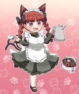 1girl :3 :d alternate_costume animal_ear_fluff animal_ears animal_print apron blunt_bangs blush bow braid breasts cat_ears cat_print cup dress enmaided extra_ears fang gradient_background hands_up heart highres holding holding_cup holding_teapot juliet_sleeves kaenbyou_rin large_breasts long_sleeves looking_at_viewer maid maid_headdress multiple_tails open_mouth outline paw_print pink_background pink_eyes puffy_sleeves red_hair reiuji_utsuho reiuji_utsuho_(bird) rokugou_daisuke smile solo standing standing_on_one_leg tail teacup teapot touhou tray twin_braids two_tails waist_apron white_outline // 1120x1341 // 1.6MB