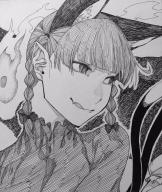 1girl animal_ears blunt_bangs bow braid cat_ears cat_girl cat_tail closed_mouth commentary_request extra_ears fang fang_out graphite_(medium) greyscale hair_bow highres hitodama kaenbyou_rin leaning_forward looking_afar monochrome multiple_tails ozma_(yozakura) pointy_ears portrait shirt short_hair simple_background slit_pupils smile solo tail touhou traditional_media twin_braids two_tails // 1734x2048 // 897KB