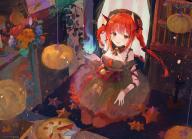 1girl absurdres animal_ears black_bow black_dress bow braid breasts cat_ears dress hair_bow highres indoors kaenbyou_rin long_hair looking_at_viewer red_eyes red_hair shumuji sitting smile solo star_(symbol) touhou twin_braids // 4096x2973 // 8.3MB