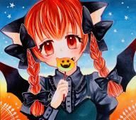 1girl adapted_costume animal_ears black_bow blush bow braid candy cat_ears covering_own_mouth cross food hair_bow halloween head_tilt highres kaenbyou_rin lollipop looking_at_viewer red_eyes red_hair shikishi sky solo star_(sky) star_(symbol) starry_sky touhou traditional_media twin_braids yuuki_hana_(jtnp5334) // 2048x1812 // 676KB