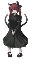 1girl :3 absurdres animal_ear_fluff animal_ears bags_under_eyes black_bow black_dress black_shoes bow braid breasts cat_ears cat_girl cat_tail dress extra_ears facing_viewer fang fang_out full_body hair_bow highres hisha_(kan_moko) kaenbyou_rin long_sleeves multiple_tails own_hands_together pointy_ears red_eyes red_hair shoes sidelocks sideways_glance simple_background solo standing tail touhou twin_braids two_tails v_arms white_background // 2570x5000 // 2.6MB
