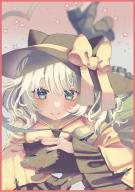 1girl :3 :d animal animal_ear_headwear blue_eyes blurry boots cat culotte_(hosenrock) depth_of_field eyebrows_hidden_by_hair fake_animal_ears feet_up grey_hair hat highres holding holding_animal holding_cat kaenbyou_rin kaenbyou_rin_(cat) komeiji_koishi looking_at_viewer lying medium_hair on_stomach open_mouth shirt smile solo star_(symbol) third_eye touhou wide_sleeves yellow_shirt // 1200x1695 // 1.5MB