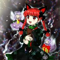 1girl :d animal animal_ears bell black_bow black_dress bow box braid cat cat_ears chen chen_(cat) dress fairy gift gift_box hair_bow holding holding_animal holding_cat holly kaenbyou_rin long_hair long_sleeves lowres medinki multiple_hair_bows nekomata official_style open_mouth red_eyes red_hair smile teeth touhou twin_braids upper_teeth_only zombie_fairy_(touhou) zun_(style) // 500x500 // 238KB
