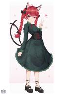 1girl absurdres agapa black_shoes braid cat_girl cat_tail closed_mouth dress extra_ears green_dress heart highres kaenbyou_rin long_hair multiple_tails nazrin patterned_clothing pink_background red_hair shoes side_braids smile solo star_(symbol) tail touhou twin_braids two_tails v // 3000x4445 // 16MB