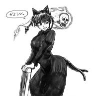 1girl animal_ears blunt_bangs bow braid breasts cat_ears cat_tail commentary_request dress extra_ears floating_skull greyscale grin hair_bow hair_ribbon hitodama holding juliet_sleeves kaenbyou_rin koyubi_(littlefinger1988) large_breasts long_hair long_sleeves looking_to_the_side monochrome multiple_tails nekomata puffy_sleeves ribbon simple_background smile solo speech_bubble tail touhou tress_ribbon twin_braids two_tails white_background // 898x900 // 122KB