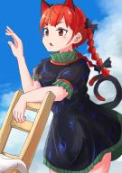 1girl :o absurdres animal_ears black_bow black_dress black_tail blush bow braid cat_ears cat_girl cat_tail commentary_request cowboy_shot dress frilled_dress frilled_sleeves frills hair_bow hand_up highres kaenbyou_rin karakasa_(krksdy) long_hair looking_ahead looking_at_hand multiple_tails open_mouth red_eyes red_hair red_tail short_sleeves sketch solo split_mouth standing tail tail_raised touhou twin_braids two_tails // 2480x3508 // 635KB