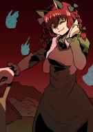 1girl ;3 animal_ears bow braid cat_ears dress gagamatsu grey_dress hair_bow kaenbyou_rin looking_at_viewer one-hour_drawing_challenge one_eye_closed red_eyes red_hair solo tail touhou towel towel_around_neck twin_braids v-shaped_eyebrows wheelbarrow // 745x1053 // 128KB