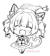 1girl ^_^ animal_ears bell blunt_bangs blush braid cat_ears cat_girl chibi christmas closed_eyes commentary_request dress facing_viewer fangs full_body greyscale hat heart heart_tail kaenbyou_rin monochrome neck_bell noai_nioshi open_mouth rating:general santa_costume santa_hat score:1 simple_background solo tail touhou twin_braids twitter_username // 863x971 // 120KB