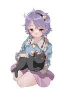 1girl absurdres black_cat blue_shirt cat closed_mouth full_body highres kaenbyou_rin kaenbyou_rin_(cat) komeiji_satori ninniku_(mfu7324) petting pink_hair pink_skirt purple_hair red_eyes shirt short_hair simple_background skirt smile touhou white_background // 2892x4096 // 351KB