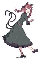 1girl :3 animal_ears black_bow black_ribbon black_shoes blunt_bangs bow braid cat_ears cat_tail closed_mouth commentary dress extra_ears eyebrows_hidden_by_hair floral_print frilled_dress frilled_sleeves frills from_side full_body green_dress hair_bow hands_up highres juliet_sleeves kaenbyou_rin kame_(kamepan44231) leaning_forward leg_ribbon long_sleeves looking_at_viewer looking_to_the_side mary_janes medium_hair multiple_tails nekomata one-hour_drawing_challenge paw_pose pointy_ears puffy_sleeves red_eyes red_hair ribbon shoes simple_background solo standing standing_on_one_leg tail touhou twin_braids two_tails white_background // 1739x2327 // 673KB