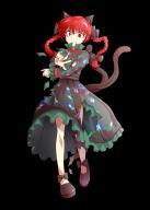 1girl alphes_(style) animal_ears black_bow black_shoes bow braid cat_ears cat_tail commentary_request dairi defeat dress floral_print full_body green_dress hair_between_eyes hair_bow highres kaenbyou_rin large_variant_set long_hair long_sleeves multiple_tails parody platform_shoes red_hair shoes solo style_parody tachi-e tail tail_raised torn_clothes touhou transparent_background twin_braids two_tails variant_set // 930x1302 // 487KB