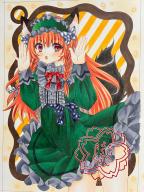 1girl adapted_costume animal_ears bow braid cat_ears dress frills grey_bow hands_up highres kaenbyou_rin long_hair long_sleeves marker_(medium) masaki_(masarin0909) multiple_tails pinky_out red_eyes red_hair shikishi solo tail touhou traditional_media twin_braids // 1536x2048 // 757KB