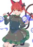 1girl absurdres animal_ears black_bow black_dress black_ribbon black_shoes bow cat_ears cat_girl cat_tail commentary dress fang frilled_dress frills full_body hair_bow highres hitodama kaenbyou_rin leg_ribbon long_sleeves looking_at_viewer multiple_tails nora_koutya open_mouth patterned_clothing red_eyes red_hair ribbon shoes simple_background skull smile solo tail touhou two_tails white_background // 1723x2432 // 383KB