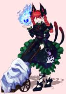 1girl animal_ears black_bow black_dress bow braid cat_ears cat_girl cat_tail commentary dress extra_ears full_body hair_bow highres hitodama kaenbyou_rin long_sleeves looking_at_viewer multiple_tails open_mouth patterned_background pink_background pointy_ears red_eyes side_braids signature simple_background skull standing tail touhou twin_braids two_tails wheelbarrow yoko_z // 1488x2107 // 1.1MB