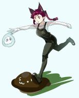 1girl alternate_costume animal_ears blunt_bangs bow braid breasts cat_ears extra_ears highres kaenbyou_rin large_breasts multiple_tails muneneko one-hour_drawing_challenge open_mouth outstretched_arms overalls pointy_ears reaching reaching_towards_viewer red_hair running slipping solo tail touhou twin_braids // 1325x1647 // 98KB