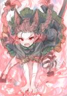 1girl all_fours animal_ears black_bow bow cat_ears cat_tail dress extra_ears fangs green_dress hair_pulled_back ikamagu kaenbyou_rin leg_ribbon open_mouth pointy_ears puffy_short_sleeves puffy_sleeves red_eyes red_hair red_nails ribbon short_sleeves sketch solo tail touhou unfinished_dream_of_all_living_ghost // 356x504 // 359KB