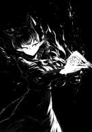 1girl animal_ears bow braid cat_ears closed_mouth commentary fire hair_bow highres kaenbyou_rin long_hair mizuga monochrome pointy_ears shirt side_braids simple_background skirt solo symbol-only_commentary touhou twin_braids // 1200x1697 // 230KB