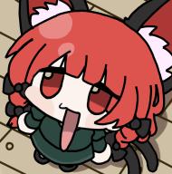 1girl animal_ear_fluff animal_ears black_bow blunt_bangs bow braid cat_ears cat_girl cat_tail chibi chinese_commentary extra_ears full_body green_shirt green_skirt hair_bow kaenbyou_rin long_hair looking_at_viewer looking_up multiple_tails open_mouth red_eyes red_hair shirt skirt solo tail touhou twin_braids two_tails wooden_floor xie_mao_man_de_la // 1064x1072 // 477KB