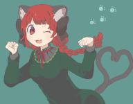 1girl ;d animal_ear_fluff animal_ears aqua_background bow braid cat_ears cel_shading citrus_(place) dress fangs green_background green_dress heart heart_tail jaggy_lines kaenbyou_rin long_sleeves looking_at_viewer nekomata one_eye_closed open_mouth paw_pose paw_print red_eyes red_hair smile solo tail touhou // 1280x1000 // 489KB