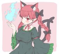 1girl animal_ear_fluff animal_ears arinu black_bow blunt_bangs blush bow braid breasts cat_ears cat_tail choker dress expressionless extra_ears fingernails frills green_dress hair_bow hair_ribbon hand_up highres hitodama juliet_sleeves kaenbyou_rin large_breasts long_hair long_sleeves looking_at_viewer multiple_tails nail_polish neck_ribbon nekomata pink_background pointy_ears puffy_sleeves red_background red_eyes red_hair red_nails red_ribbon ribbon ribbon_choker sharp_fingernails simple_background solo tail touhou tress_ribbon twin_braids twintails two_tails upper_body wide_sleeves // 1438x1309 // 185KB