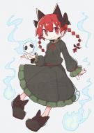 1girl animal_ears asameshi black_footwear black_skirt blue_fire bow braid cat_ears cat_girl dress extra_ears fire flaming_skull green_bow green_dress hair_bow kaenbyou_rin nekomata red_eyes red_hair skirt skull tail touhou twin_braids // 620x876 // 706KB