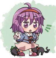 1girl ahoge bird black_cat blue_shirt blush bow cat chibi commentary_request crow frilled_shirt_collar frilled_sleeves frills full_body green_background hair_between_eyes hairband kaenbyou_rin kaenbyou_rin_(cat) komeiji_satori long_sleeves multiple_tails nekomata open_mouth outstretched_arms pink_skirt pink_slippers purple_eyes purple_hair red_bow red_hairband reiuji_utsuho reiuji_utsuho_(bird) rokugou_daisuke shirt short_hair skirt slippers socks solo spread_arms tail third_eye touhou triangle_mouth two_tails // 1150x1169 // 1.3MB