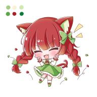 1girl :d absurdres ako_oekaki animal_ear_fluff animal_ears blush bow bowtie braid cat_ears cat_girl cat_tail chibi closed_eyes color_guide commentary_request dress fang frilled_dress frilled_sleeves frills full_body green_bow green_dress hair_bow hands_up highres juliet_sleeves kaenbyou_rin long_hair long_sleeves multiple_tails no_nose notice_lines open_mouth paw_pose puffy_sleeves red_bow red_bowtie red_hair red_tail simple_background smile solo standing tail touhou twin_braids two_tails very_long_hair white_background // 3072x3072 // 432KB