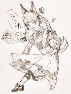 1girl :d alternate_costume animal_ears braid cat_ears dress enmaided fang juliet_sleeves kaenbyou_rin long_sleeves maid menotama monochrome open_mouth puffy_sleeves shoes smile solo touhou traditional_media twin_braids // 768x1024 // 356KB