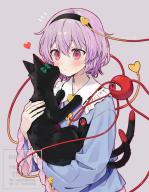 1girl animal black_cat black_hairband blue_shirt blush bow cat collared_shirt commentary ctd_114 frilled_shirt_collar frilled_sleeves frills green_bow hair_ornament hairband heart heart_hair_ornament highres holding holding_animal holding_cat kaenbyou_rin kaenbyou_rin_(cat) komeiji_satori long_sleeves multiple_tails pink_hair red_eyes ribbon-trimmed_collar ribbon_trim shirt short_hair solo tail third_eye touhou two_tails underwear watermark white_shirt // 1283x1650 // 1.3MB