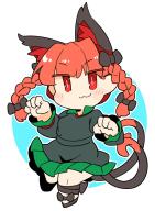 1girl :3 animal_ear_fluff animal_ears black_shoes blush braid cat_ears cat_tail closed_mouth dress full_body green_dress highres ini_(inunabe00) kaenbyou_rin long_hair long_sleeves multiple_tails red_eyes red_hair shoes smile solo tail touhou twin_braids two_tails // 935x1266 // 132KB