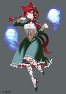 1girl :3 absurdres animal_ears black_bow black_shoes bow bowtie bracelet braid breasts brown_corset cat_ears cat_girl cat_tail cleavage_cutout clenched_hand clothing_cutout commentary_request corset dated dress frilled_dress frills full_body green_dress grey_background hair_bow high_heels highres hitodama jewelry kaenbyou_rin leg_ribbon long_hair medium_breasts multiple_tails red_bow red_bowtie red_eyes red_hair ribbon shirt shoes silver_bracelet skull slit_pupils solo tail touhou twin_braids two_tails white_shirt xiao_xiao_xiaci // 4960x7016 // 3.4MB