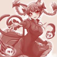 1girl :3 :d animal_ear_fluff animal_ears blush bow braid breasts cat_ears cat_girl cat_tail dress extra_ears frilled_dress frills hair_bow hitodama kaenbyou_rin long_hair long_sleeves looking_at_viewer lowres monochrome multiple_tails necoyngwie open_mouth pointy_ears rating:general score:2 side_braids smile solo tail touhou twin_braids two_tails // 400x400 // 199KB