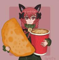 1girl animal_ears bell bow braid cat_ears closed_mouth dress duhota food green_dress hair_bow highres jingle_bell kaenbyou_rin long_sleeves looking_at_viewer meme multiple_tails nekomata parody red_eyes red_hair ribbon short_hair solo tail touhou twin_braids two_tails // 1732x1750 // 186KB