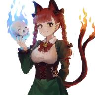 1girl :3 adapted_costume animal_ears bell black_bow black_nails blunt_bangs blush_stickers bow bowtie braid breasts cat_ears cat_girl cat_tail closed_mouth commentary cross-laced_clothes dress english_commentary extra_ears fangs fangs_out fiery_tail fire flame-tipped_tail forked_tail green_dress hair_bow highres himuhino hitodama jingle_bell kaenbyou_rin long_hair long_sleeves looking_at_viewer medium_breasts multiple_tails nail_polish neck_bell nekomata pointy_ears red_bow red_bowtie red_eyes red_hair side_braids simple_background skull smile solo tail touhou twin_braids two_tails upper_body white_background // 1280x1280 // 151KB