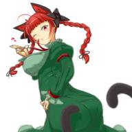 1girl animal_ears braid breasts cat_ears cat_tail eyebrows_hidden_by_hair heart himenomikan kaenbyou_rin large_breasts long_hair multiple_tails one_eye_closed red_eyes red_hair solo tail touhou twin_braids twisted_torso // 1000x1000 // 416KB