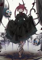 1girl :3 absurdres animal_ears black_dress black_flower black_ribbon black_rose black_shoes braid cat_ears cat_girl cat_tail closed_mouth corset curtains daimaou_ruaeru dress flower frilled_corset frilled_dress frills full_body hair_ribbon heart heart_tail highres kaenbyou_rin leg_ribbon long_hair long_sleeves looking_at_viewer multiple_tails red_eyes red_flower red_rose ribbon rose shoes skirt_hold skull smile solo tail touhou twin_braids two_tails // 2893x4092 // 1.1MB