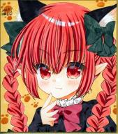 1girl animal_ears black_dress bow bowtie cat_ears dress extra_ears fang fang_out green_bow hair_between_eyes hair_bow hand_up kaenbyou_rin light_blush light_smile looking_at_viewer paw_print pointy_ears red_bow red_bowtie red_eyes red_hair simple_background solo touhou yellow_background zenra1112 // 701x792 // 147KB