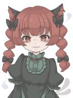 1girl :3 animal_ear_piercing animal_ears black_bow blush bow braid cat_ears cat_girl cat_tail closed_mouth commentary earrings hair_bow harukairo highres jewelry kaenbyou_rin looking_at_viewer medium_hair multiple_tails red_eyes red_hair side_braids simple_background single_earring solo symbol-only_commentary tail touhou twin_braids two_tails upper_body white_background // 900x1200 // 308KB