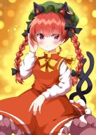 1girl animal_ears arm_up black_bow black_tail blush bow bowtie braid braided_twintails cat_ears cat_girl cat_tail chen chen_(cosplay) closed_mouth cosplay cowboy_shot expressionless frilled_skirt frills green_hat hair_between_eyes hair_bow hat highres kaenbyou_rin long_hair long_sleeves looking_at_viewer mob_cap multiple_tails orange_skirt orange_vest red_eyes red_hair ruu_(tksymkw) shirt skirt solo standing tail tail_raised touhou twin_braids two_tails vest white_shirt yellow_background yellow_bow yellow_bowtie // 1200x1680 // 242KB