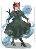 1girl animal_ears arms_up black_bow bow braid breasts cat_ears cat_tail clothes_pull dress extra_ears floating_skull full_body green_dress hair_bow hair_ribbon high_heels highres hitodama juliet_sleeves kaenbyou_rin light_blush long_hair long_sleeves looking_at_viewer looking_down nekomata pantyhose parted_lips pointy_ears puffy_sleeves red_eyes red_hair ribbon saya_marochan simple_background skirt skirt_pull small_breasts solo tail touhou tress_ribbon twin_braids white_background // 1530x2048 // 216KB