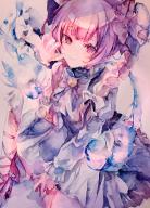 1girl absurdres animal_ear_fluff animal_ears arm_support bell black_bow black_legwear black_ribbon bow bowtie braid cat_ears claw_pose closed_mouth commentary dress frilled_dress frills grey_bow grey_bowtie grey_dress hair_bow hand_up high_heels highres kaenbyou_rin kamu_kotan leg_ribbon looking_at_viewer neck_bell painting_(medium) red_eyes ribbon sitting smile solo touhou traditional_media twin_braids watercolor_(medium) // 2704x3760 // 15MB