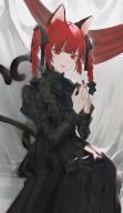 1girl absurdres alternate_costume animal_ears black_bow black_bowtie black_nails black_shirt black_skirt bow bowtie braid cat_ears cat_girl cat_tail closed_mouth curtains daimaou_ruaeru fingernails hair_bow hands_up highres juliet_sleeves kaenbyou_rin lips long_fingernails long_hair long_sleeves looking_at_viewer multiple_tails nail_polish pleated_skirt puffy_sleeves red_eyes red_hair shirt sitting skirt smile solo tail touhou twin_braids two_tails // 1545x2672 // 297KB
