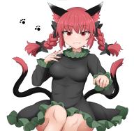 1girl :3 animal_ear_fluff animal_ears black_bow bow braid breasts cat_ears cat_tail chups commentary_request dress extra_ears fang fang_out frills grey_dress hair_bow highres kaenbyou_rin legs_together long_sleeves medium_breasts multiple_tails nail_polish nekomata red_eyes red_hair red_nails simple_background solo tail touhou tsurime twin_braids two_tails white_background wide_hips // 1421x1398 // 658KB