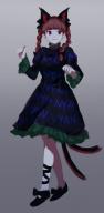 1girl :3 animal_ears black_dress bow cat_ears cat_tail dress extra_ears footwear_bow frills gradient_background highres himuhino kaenbyou_rin leg_ribbon multiple_tails pale_skin paw_pose puffy_sleeves red_eyes red_hair red_nails ribbon simple_background sketch tail touhou two_tails // 837x1698 // 78KB