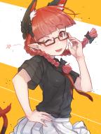 1girl ;d adjusting_eyewear animal_ear_fluff animal_ears bespectacled black-framed_eyewear black_bow black_shirt blunt_bangs bow braid cat_ears cat_tail commentary_request cowboy_shot fang female_focus glasses hair_bow hand_on_own_hip hand_up head_tilt highres kaenbyou_rin long_hair miniskirt multiple_tails necktie nekomata one_eye_closed open_mouth pleated_skirt pointy_ears red_eyes red_hair red_necktie senzaicha_kasukadoki shirt short_sleeves skin_fang skirt smile solo star_(symbol) tail touhou twin_braids twintails two-tone_background two_tails white_background white_skirt yellow_background // 1200x1600 // 1.3MB